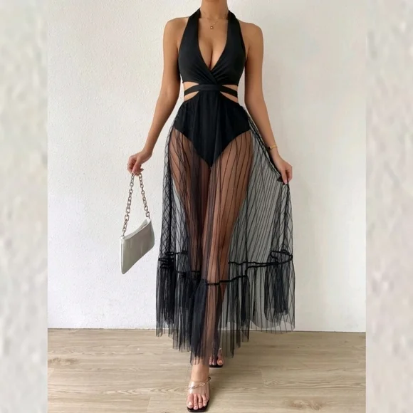 TIE BACKLESS MESH OVERLAY RUFFLE HEM HALTER DRESS WITH BODY SUIT - Picture 5 of 10